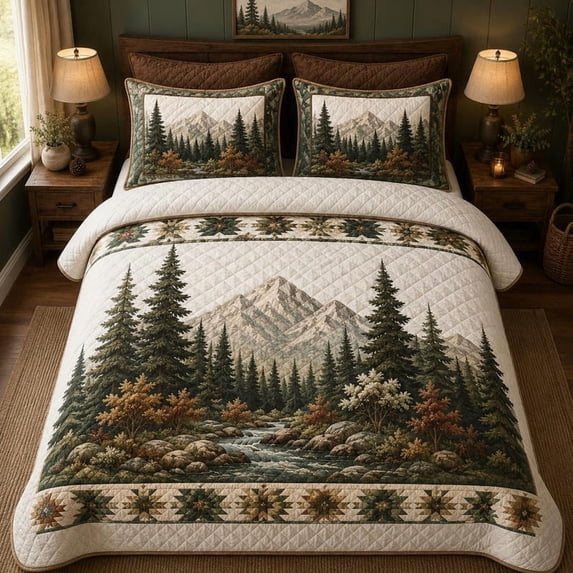 Mountain Forest Quilted Bedding Set, Pine Tree Quilt, Rustic Cabin ...