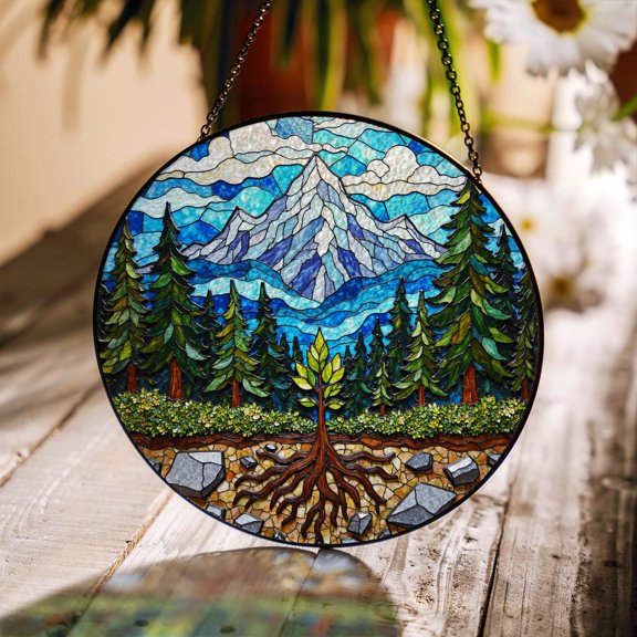 Mountain Forest Roots Glass Suncatcher, Nature Scene Window Decor, 7.9 in