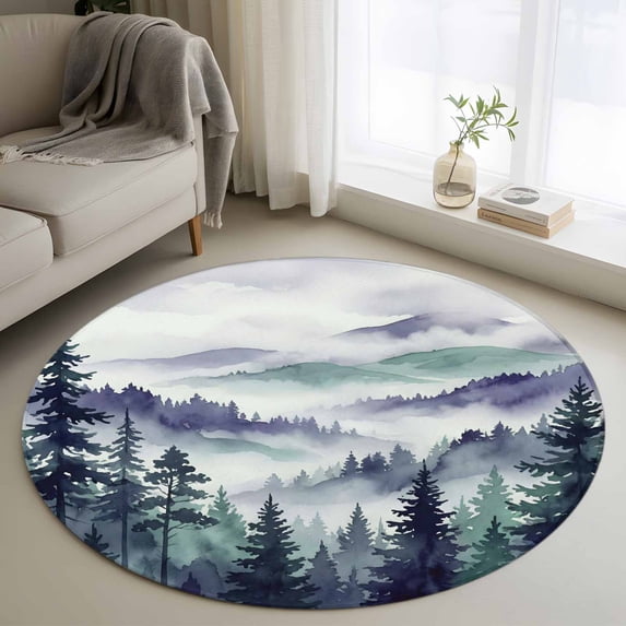 Mountain Forest Round Area Rugs 3 ft, Watercolor Purple Green Misty Mountain Trees Washable Small Area Rug with Non-Slip Sturdy Edge Binding Round Front Door Mat Floor Carpet for Entryway