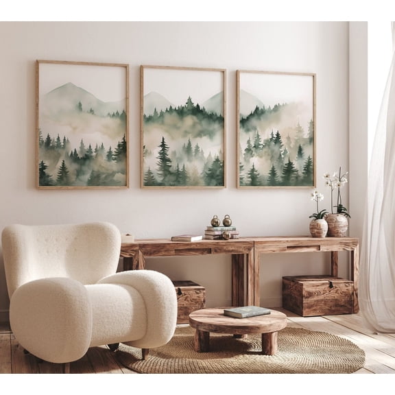 Mountain Forest Sage Green Landscape Nature Art, Poster Only