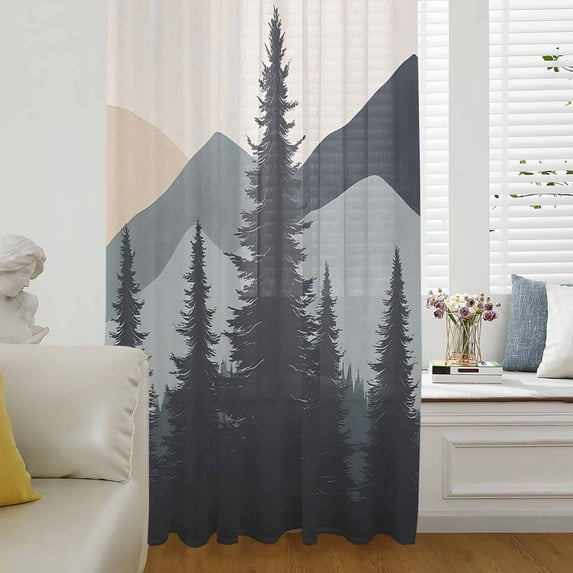 Mountain Forest Semi Sheer Curtains Drapes for Living Room,Bedroom,French Doors Window 45 Inches Long,Nature Tree Scenery Watercolor Pink Blue Rod Pocket Chiffon Curtain Drapery Voile Drape Panel