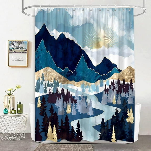 Mountain Forest Shower Curtain Rustic Pine Tree Landscape Nature Art Sunrise Natural Scenery Country Blue Fabric Bathroom Decor Curtain with Hooks 60"W x 72"L (Pack of 1)