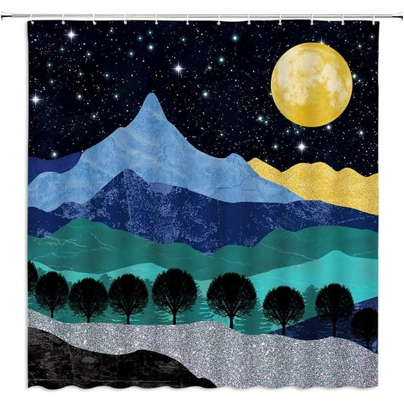 Mountain Forest Shower Curtain Watercolor Night Nature Landscape Full Moon Pine Tree Japanese Style Colorful Modern Art Scenery Teal Navy Fabric Home Bathroom Decor Set with Hooks(84" Wx70 H)