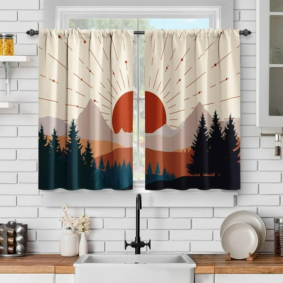 Mountain Forest Sunrise Kitchen Curtains - Abstract Minimalist Trees Sun Decor Retro Rustic Orange Short Curtains for Living Dining Room Rod Pocket Window Drapes 2 Panels Set, 28"x36"