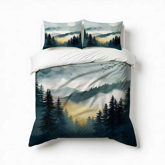 Mountain Forest Sunset Bedding Set 3 Pcs Soft Microfiber Quilt Cover For Bedroom Decor, Comforter Cover With 2 Pillowcase
