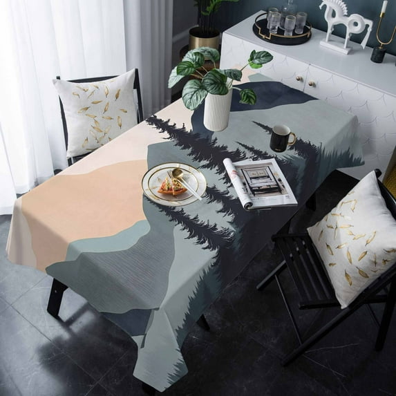 Mountain Forest Tablecloth Rectangle Table Cloths 54x108 , Waterproof Tablecloth Outdoor Table Cloth, Nature Tree Scenery Watercolor Pink Blue Washable Table Cover for Kitchen Dining Party
