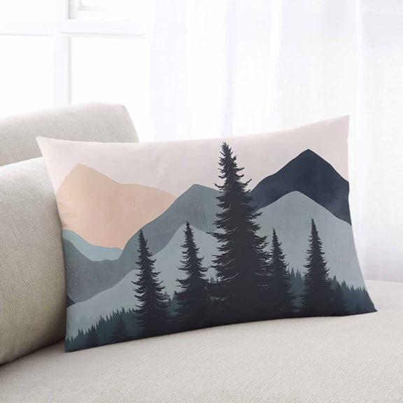 Mountain Forest Throw Pillow Covers, Nature Tree Scenery Watercolor Pink Blue Soft Breathable Pillow Cases with Zipper for Sleeping, King Size Pillowcases for Couch Bed Sofa Chair 20x36 Inches