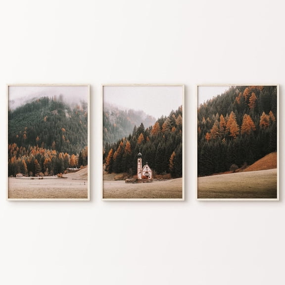 Mountain Forest Tiny Church Misty Landscape Fall Nature Photography Set 3 Unframed Paper Print