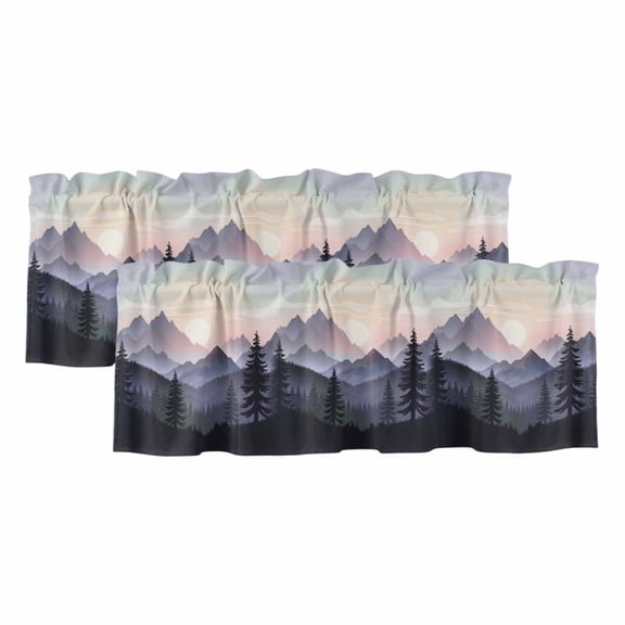 Mountain Forest Valances for Windows, Decorative Rod Pocket Window Valance Curtains, Farmhouse Cabin Nature Sunrise Landscape Short Curtain Drapes for Kitchen/Living Room, 2 Panels, 42" W x 12" L