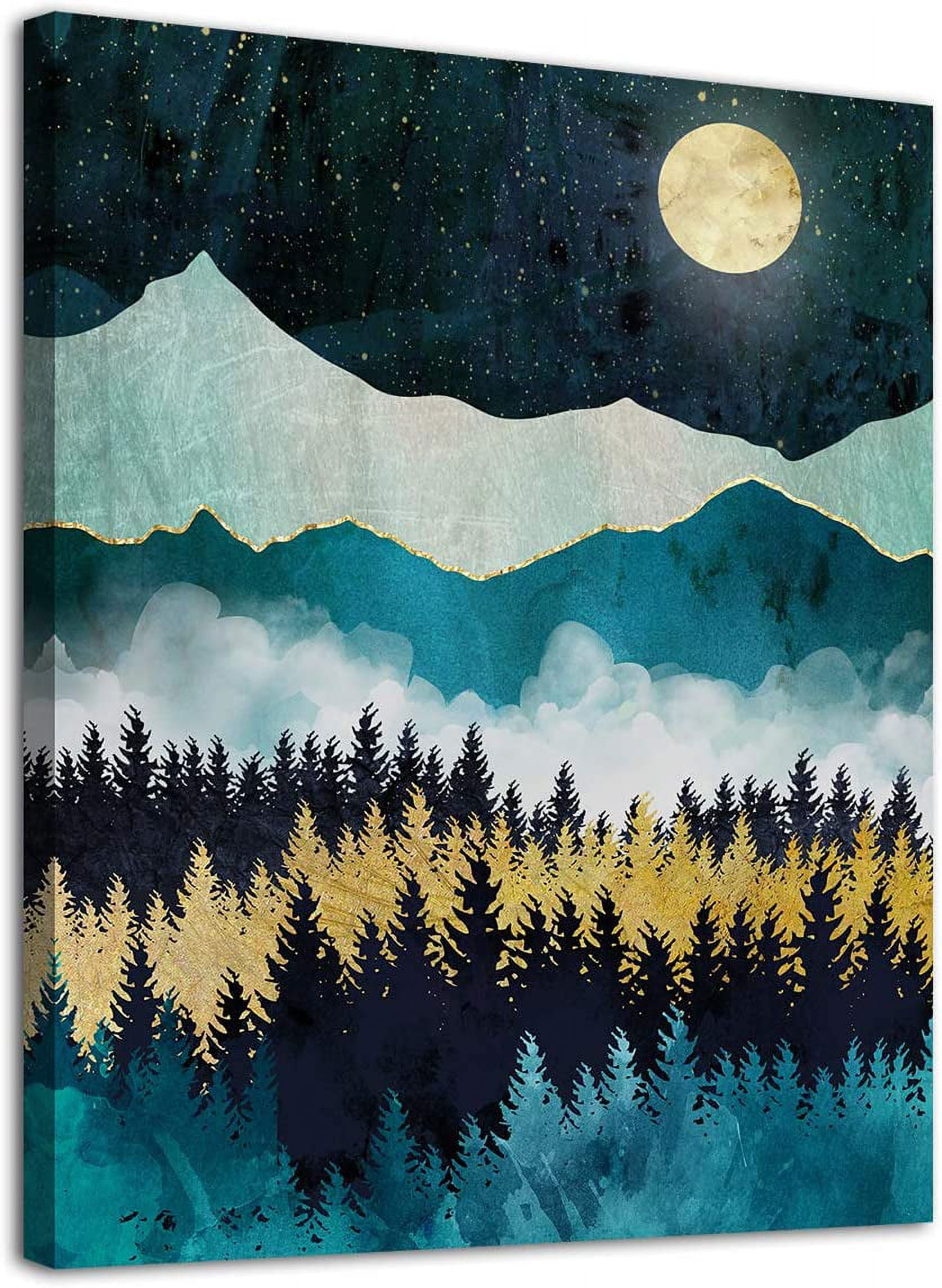 Mountain Forest Wall Art Moon Night Nature Canvas Artwork Modern Nordic ...