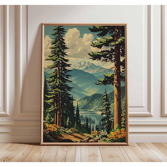 Mountain Forest Wall Art, Nature Landscape Poster Print, Wilderness Hiking Artwork, Rustic Cabin Decor, Scenic National Park Print