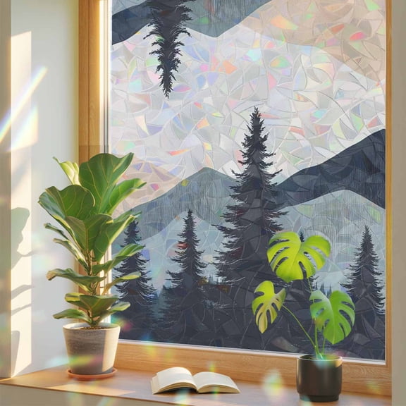 Mountain Forest Window Privacy Film Rainbow Static Cling Stain Glass Window Film for Glass Door, Decorative Sunroof Decal Sticker for Car Bathroom 23.6"x59" Nature Tree Scenery Watercolor Pink Blue