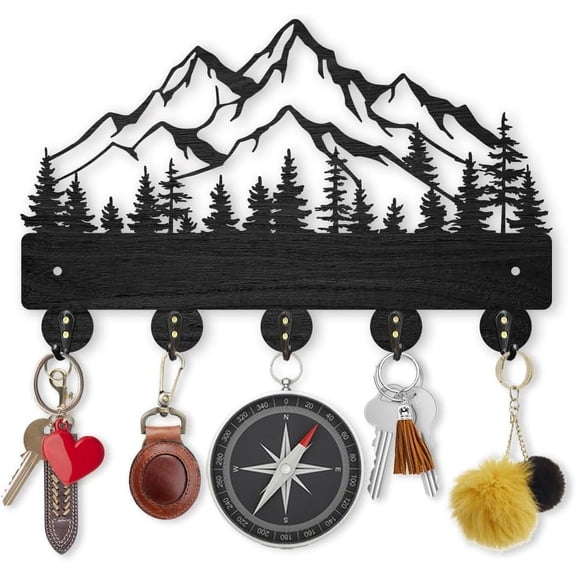 Mountain Forest Wood Coat Rack Wall Mount 5 Alloy Hooks Key Holder for Wall Home Decor Gift Nature Landscape Key Rack Entryway Kitchen Hallway 11.8x7.4inch for DIY Mountain
