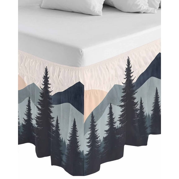 Mountain Forest Wrap Around Bed Skirts for Queen Bed 18" Drop,Bed Skirt with Adjustable Elastic Belt Dust Ruffle Bed Valance for Bedroom Hotel Nature Tree Scenery Watercolor Pink Blue Bed Frame Cover