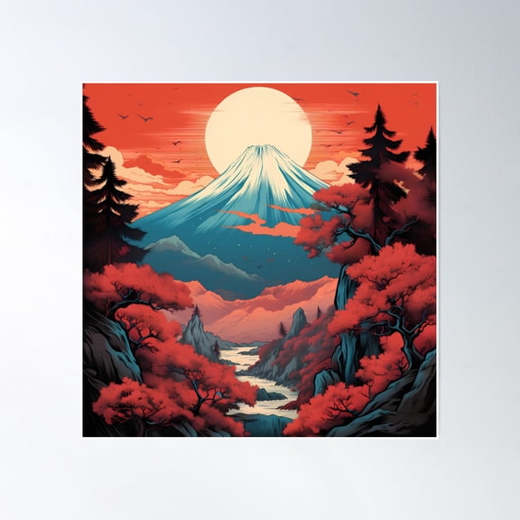Mountain Fuji In Autumn Poster Wall Art, Modern Wall Decor, 30x30 UNFRAMED