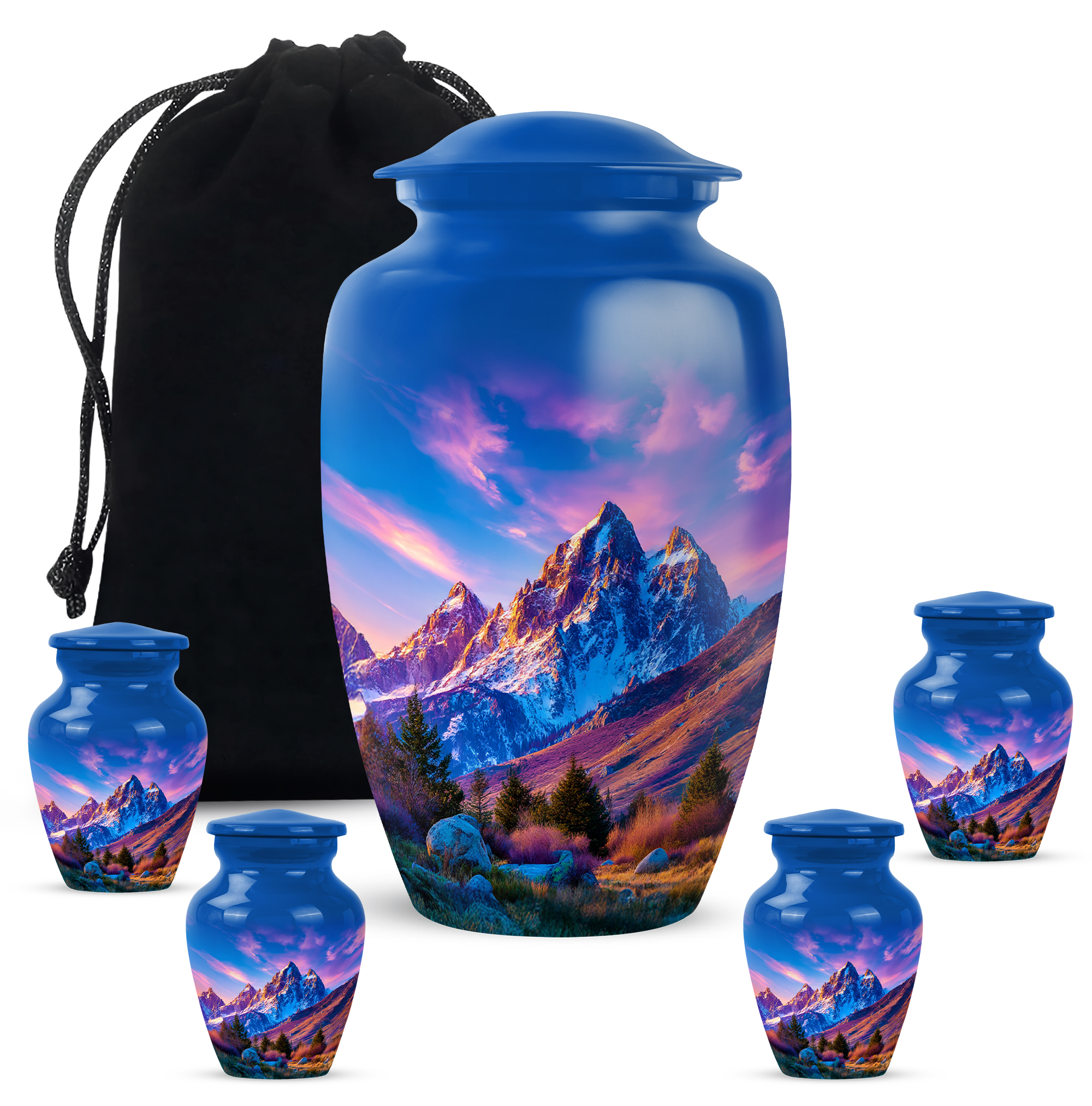 Mountain Funeral Cremation Urn For Human Ashes Adult Female Mom, 1 Large And Set Of 4 Keepsake Urn For Mom And Dad, Burial Urns For Grandfather, Blue Urns For Human Ashes 10&3 Inch