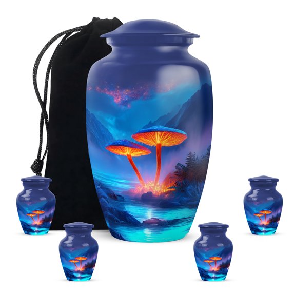 Mountain Funeral Urns For Human Ashes Adult Man - Small Memorial Urn For Ashes For Women - 1 Large & 4 Keepsake, Blue Cremation Urn For Mom And Dad - Burial Urns For Adult Male - 10 & 3 Inch
