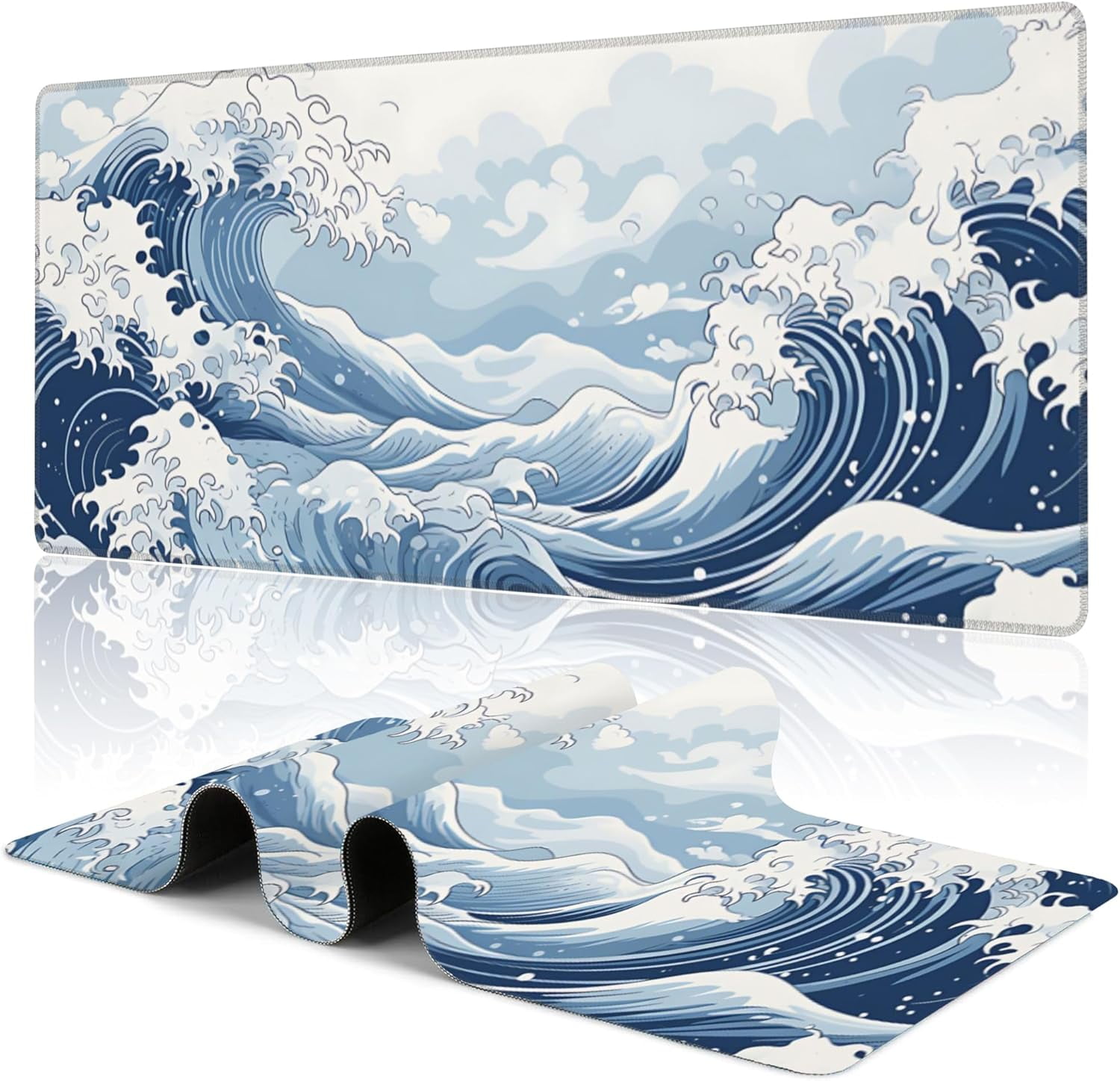 Mountain Gaming Mouse Pad,Japanese Blue and White Sea Wave Desk Mat,31.5"X15.7" Large Desk Pad with Stitched Edge Non-Slip Base Keyboard Big Mouse Pad for Office Home Work Gaming