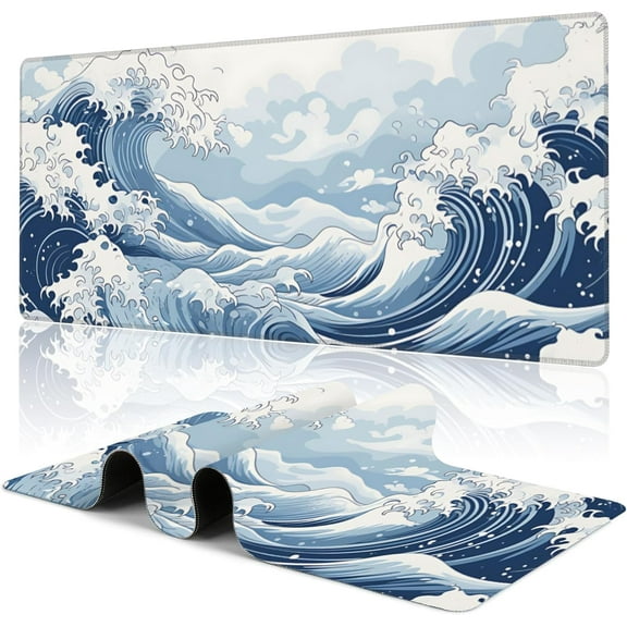 Mountain Gaming Mouse Pad,Japanese Blue and White Sea Wave Desk Mat,31.5"X15.7" Large Desk Pad with Stitched Edge Non-Slip Base Keyboard Big Mouse Pad for Office Home Work Gaming