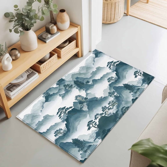 Mountain Garden Chinese Style Rectangle Area Rug 2x3ft,Living Room Rug Non-Slip Washable Circle Rugs Pad,Chinoiserie Asian Scenic Soft Floor Carpet for Bedroom Dining Room