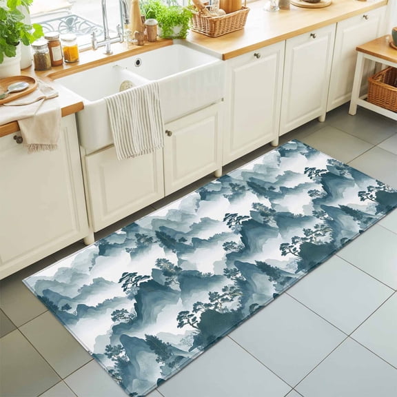 Mountain Garden Chinese Style Rectangle Area Rug 2x6ft,Living Room Rug Non-Slip Washable Circle Rugs Pad,Chinoiserie Asian Scenic Soft Floor Carpet for Bedroom Dining Room