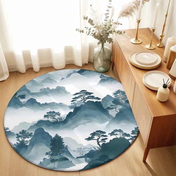 Mountain Garden Chinese Style Round Area Rug 3ft,Living Room Rug Non-Slip Washable Circle Rugs Pad,Chinoiserie Asian Scenic Soft Floor Carpet for Bedroom Dining Room