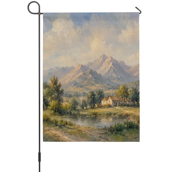 Mountain Garden Flags For Outdoor, Rustic Brown Valley Riverfront Oil Painting Landscape Small Double Side Yard Flags Weather Proof Garden Decor for Lawn Outside Holiday 12 x 18 Inches