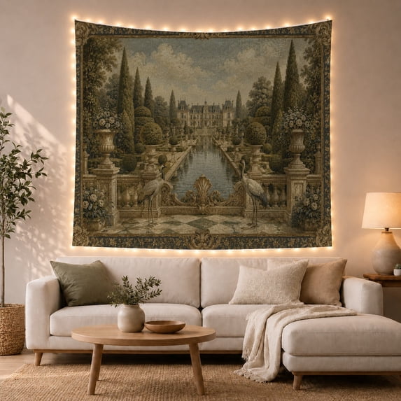 Mountain Garden Pond With Deer And Pine Trees, Serene Vintage Style for Nature Lovers, Rustic Cabin Decor, New Home Gift Tapestry Wall Hanging for Bedroom and Cabin