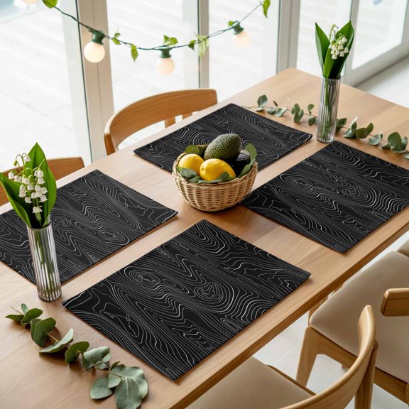 Mountain Geography Terrain Art Placemats Set of 4,Wipeable Washable Table Mats for Dining Tables, Circular Geometric Line on Black Place Mats for Kitchen Event Party Tabletop Decor