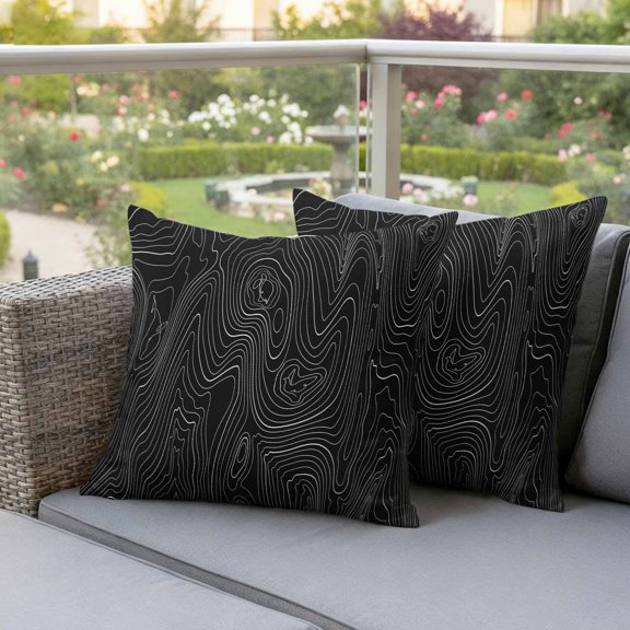 Mountain Geography Terrain Art Waterproof Throw Pillow Covers Set of 2 Circular Geometric Line on Black Outdoor Cushion Cover Pillow Protector Decorative Pillowcases for Bed Sofa Couch
