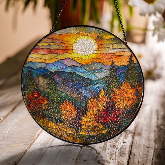 Mountain Glass Suncatcher, Sunset Window Art, Nature Decor, 3.5 in