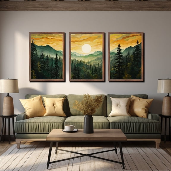 Mountain Glow Landscape Triptych Poster Emerald Green Misty Forest Mountain Wall Art for Home Decor, Stretched Canvas