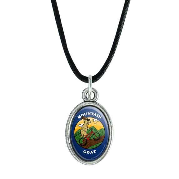 Mountain Goat Biking Funny Humor Antiqued Oval Charm Pendant with Black Satin Cord
