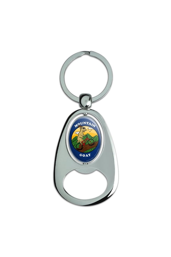 Mountain Goat Biking Funny Humor Keychain Chrome Metal Spinning Oval Bottle Opener