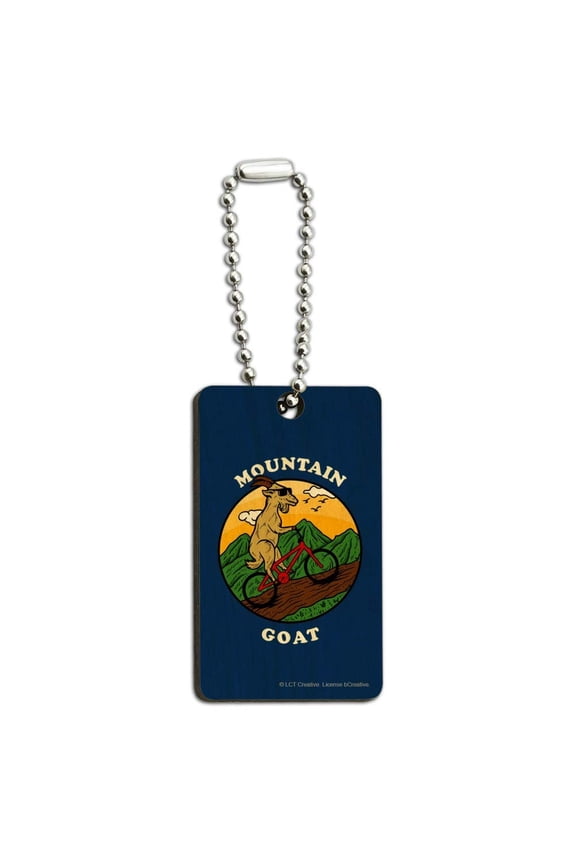 Mountain Goat Biking Funny Humor Wood Wooden Rectangle Keychain Key Ring