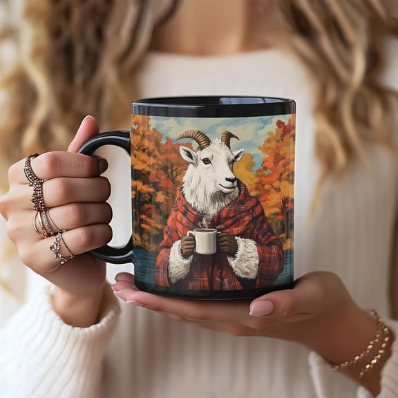 Mountain Goat Coffee Cup, Animal Lover Gift, Autumn Flannel, Fall Kitchen Decor, Wildlife Mug, Nature Lover Gift, Mountain Goat in Flannel