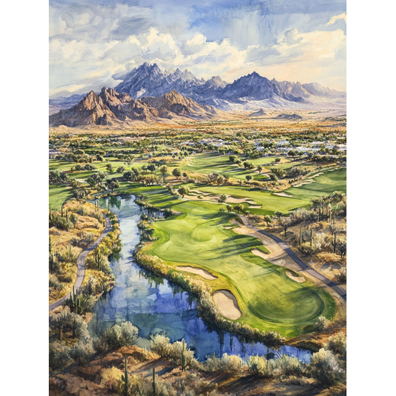 Mountain Golf Course Watercolor Painting/Canvas Print Suitable for Living Room Bedroom Office Hotel and Golf Club Decoration.