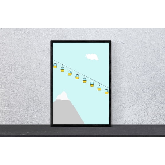 Mountain With Gondolas Travel Poster - Art, Minimal, Modern, Mountains, Hiking, Home, Vacation, Din A4, Pop Art Wall Art, Modern Wall Decor, 8x12 UNFRAMED