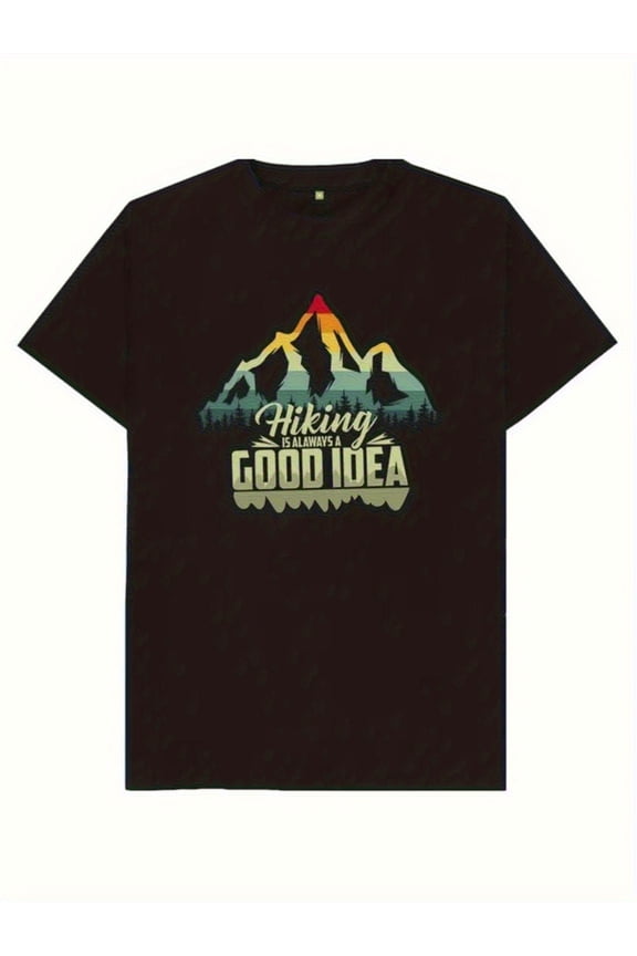 " Mountain Graphic Print, Regular Fit Short Sleeve Round Neck Tee for Outdoor Enthusiasts& Casual Attire, Hiking Gear, Allseason Apparel, Adventure Themed Apparel, Machine Washable Top