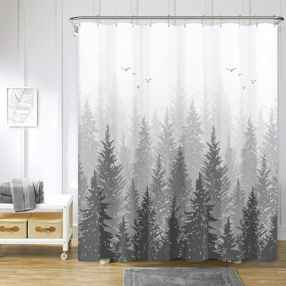 Mountain Grey and White Shower Curtain Misty Forest Shower Curtain Nature Tree Plant Waffle Fabric Curtains for Bathroom Water Repellent Silver Gray, 72 x 72 inch