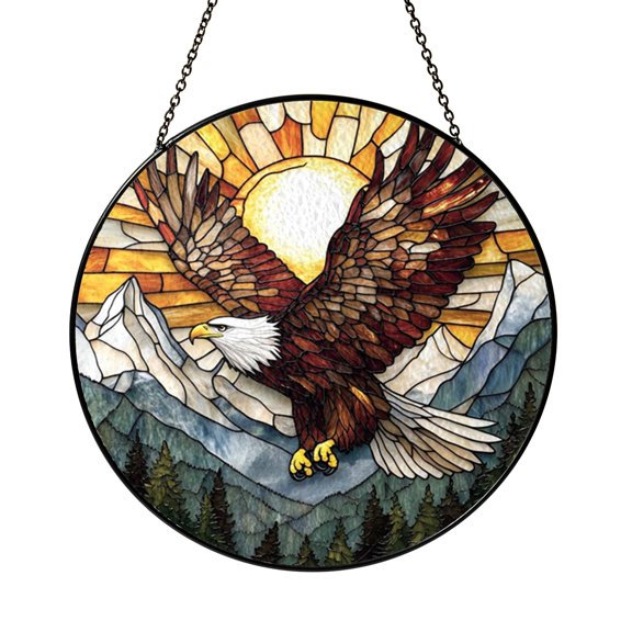 Mountain Hawk Glass Suncatcher Window Decor, Stained Glass Style Panel Art