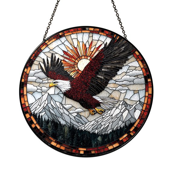 Mountain Hawk Window Suncatcher, Round Stained Glass Style Wildlife Panel, Home Decor Gift