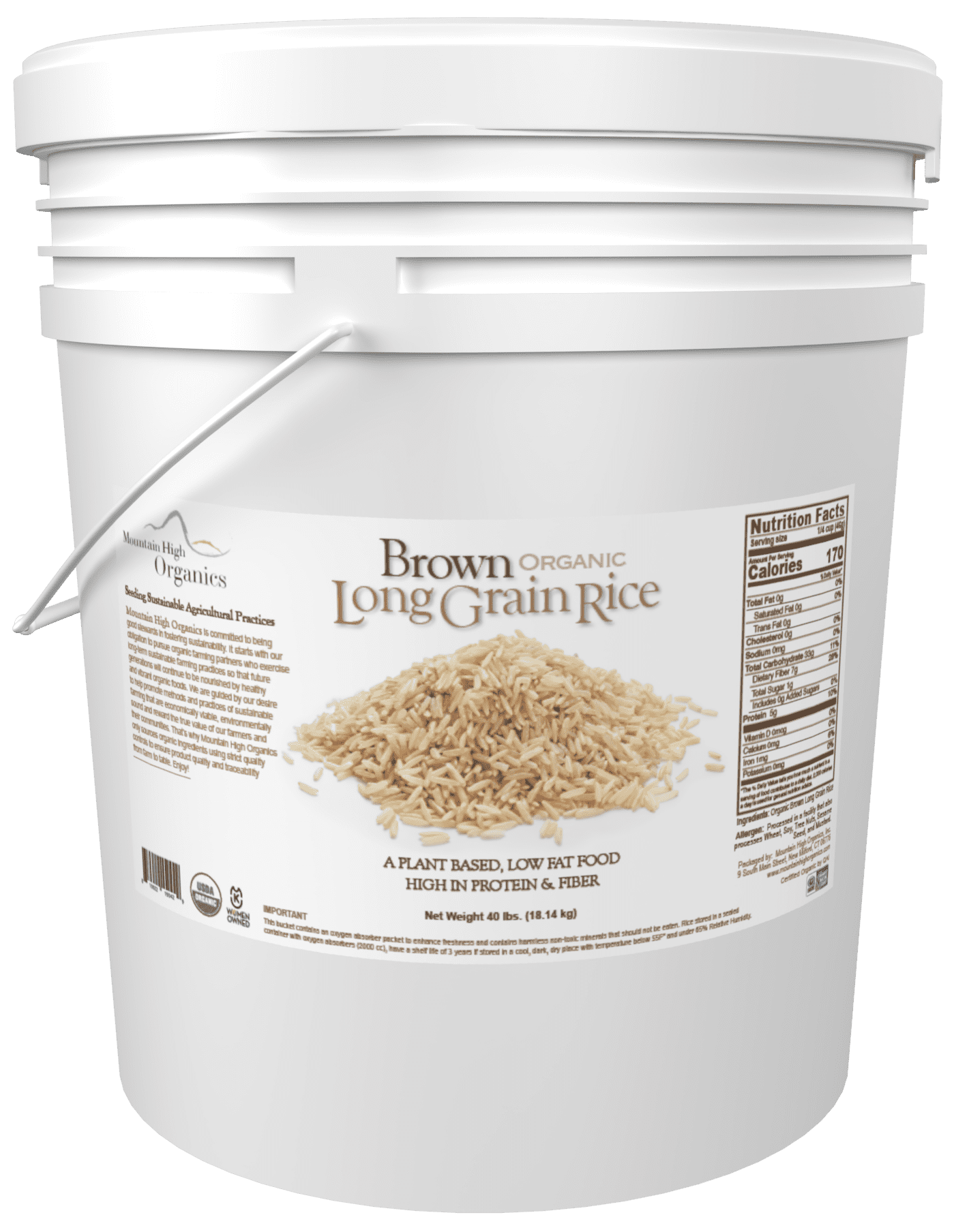 Rice, Long Grain Brown, 40LB Emergency Bucket, USA Grown, USDA Certified Organic & GMO Free, Sustainable Farming Practices-Mountain High Organics