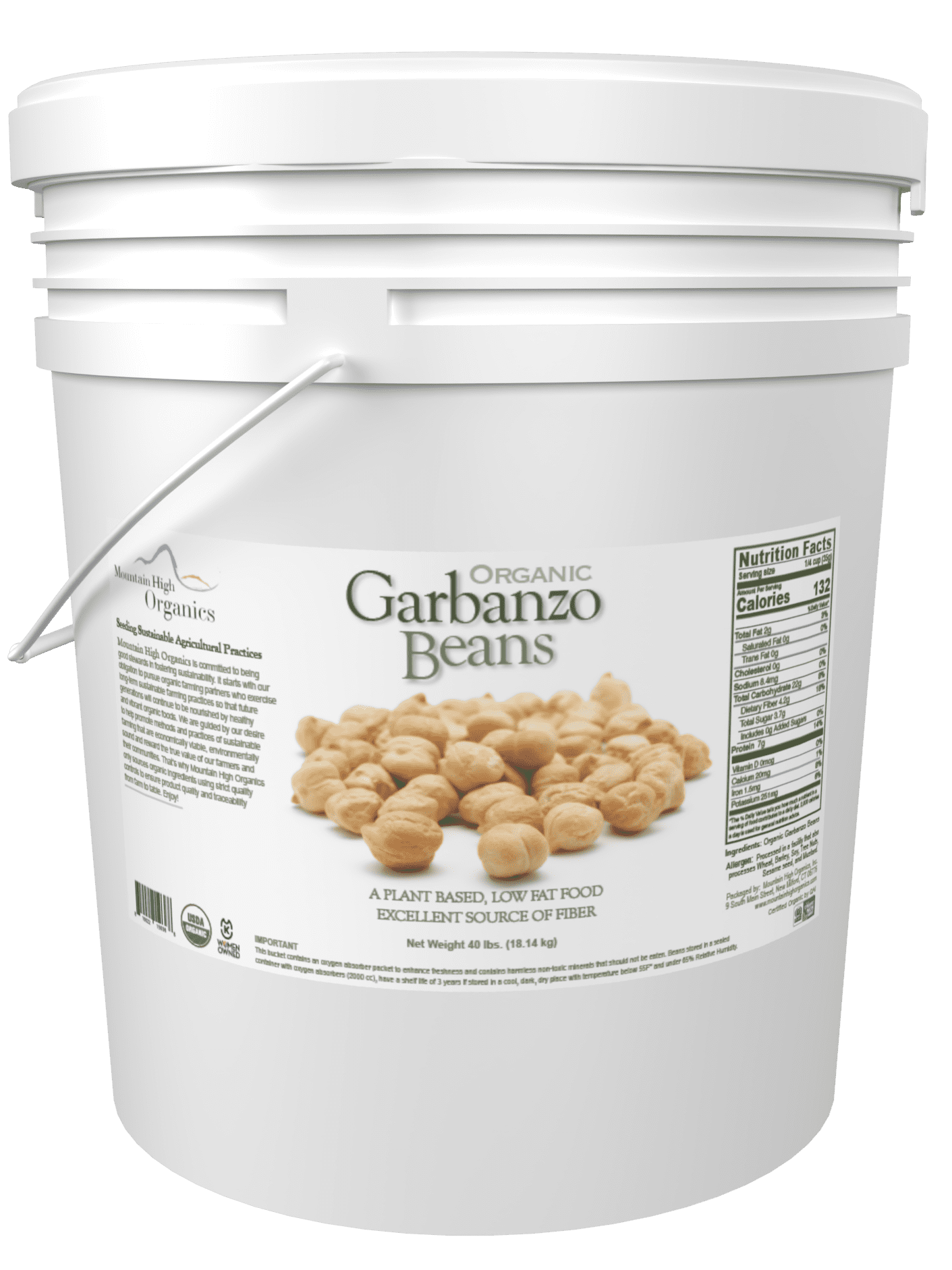 Garbanzo Bean, 40LB Emergency Bucket, USA Grown, USDA Certified Organic & GMO Free, Sustainable Farming Practices-Mountain High Organics