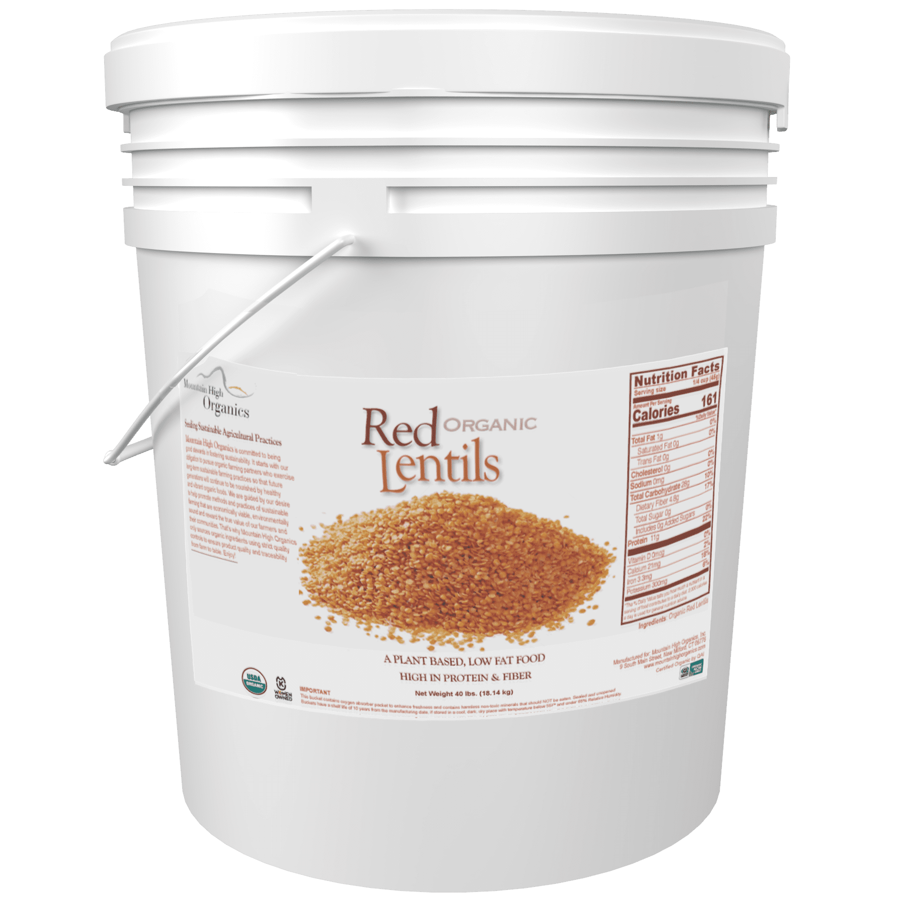 Lentil, Red Split, 40LB Emergency Bucket, USDA Certified Organic & GMO Free, Sustainable Farming Practices-Mountain High Organics