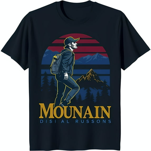 Mountain Hiker Graphic T-Shirt Blue with Sunset & Nature Design