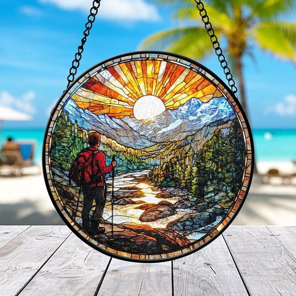 Mountain Hiker Sunrise Suncatcher, Circular Mosaic Window Art, Adventure Art, 3.5 in