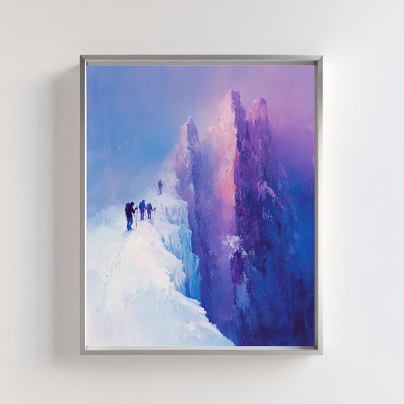 Mountain Hiking And Climbing Print, Winter Adventure Scene, Extreme Sports Decor, Snowy Landscape Wall Art, Snowy Cliff Abstract Artwork Wall Art, Modern Wall Decor, 12x18 UNFRAMED