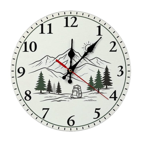 Mountain Hiking Outdoor Clock Round Wooden Wall Clock, Silent Non-Ticking Decor Clock for Home Multi Room Use