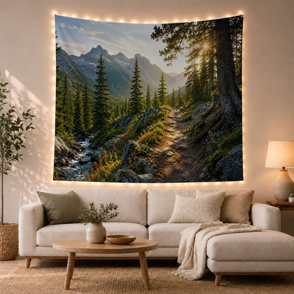 Mountain Hiking Trail with Snow Peaks and Golden Hour Light, Serene Rustic for Nature Lovers, Wilderness Landscape Wall Art, Housewarming Gift, Tapestry Wall Hanging for Living Room and Bedroom
